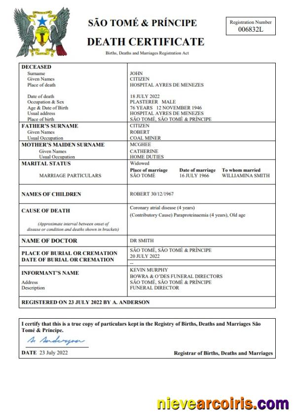 Sao Tome and Principe vital record death certificate